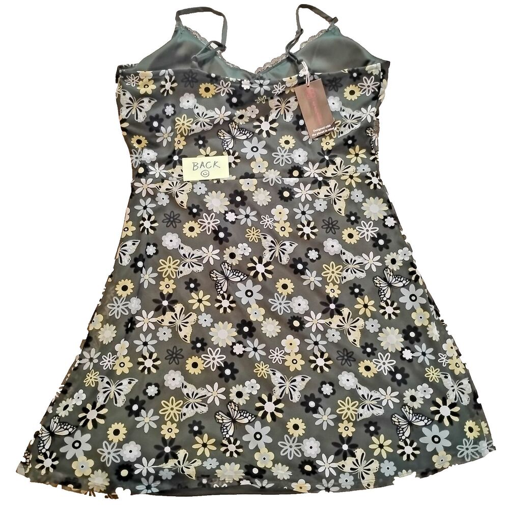 Green Y2K Slip Dress Flowers Mesh Lace Padded Cups XL New 90s 70s Goth Grunge - Picture 7 of 8